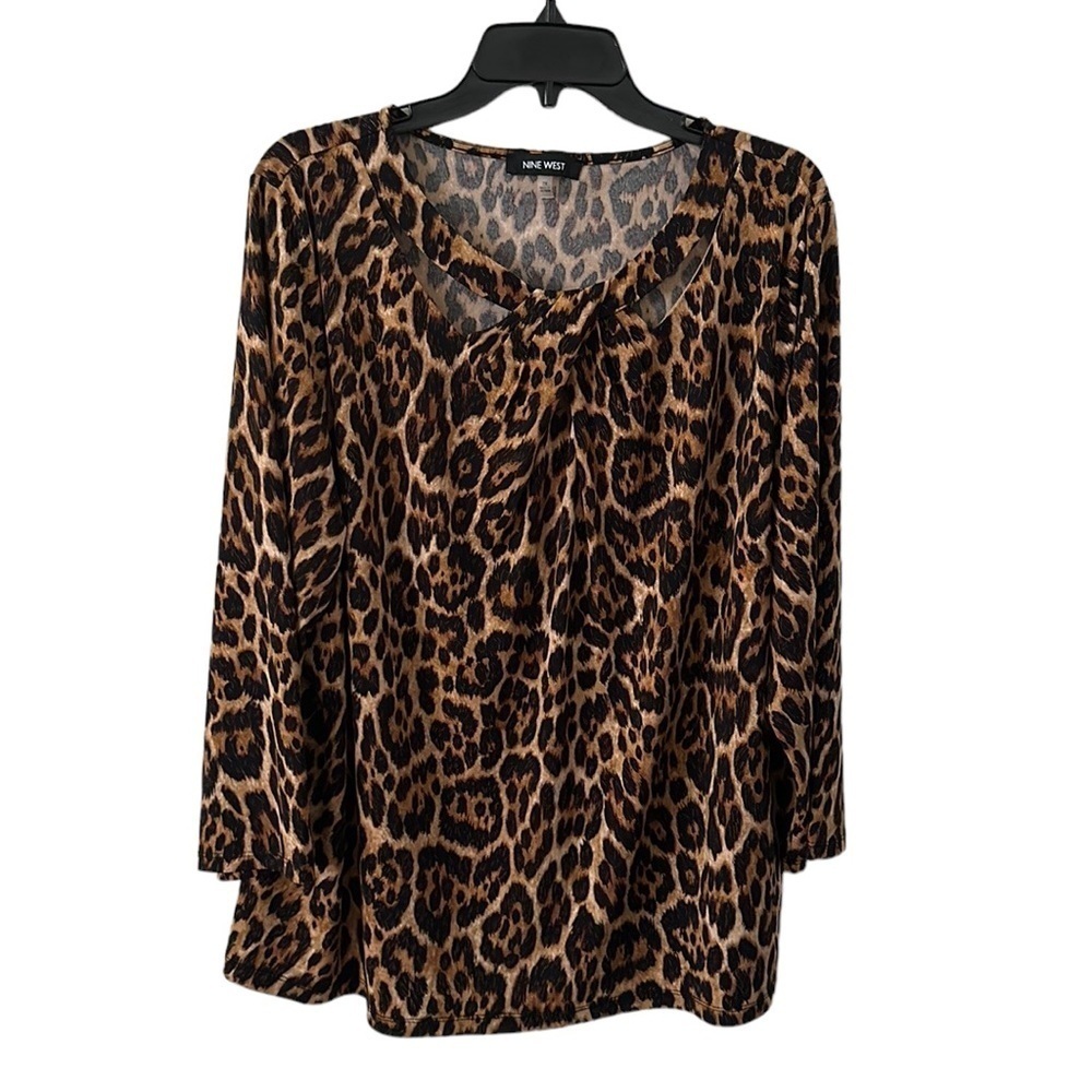 Nine West Women’s round Neck Knotted Cheetah Print Long Sleeve‎ Blouse Size 2X